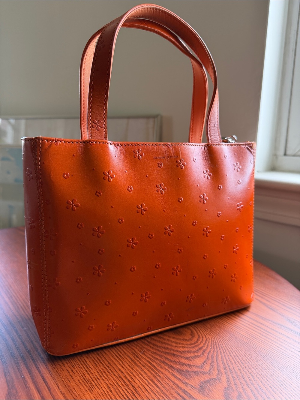Orange Floral-Embossed Leather Tote Bag - Women's